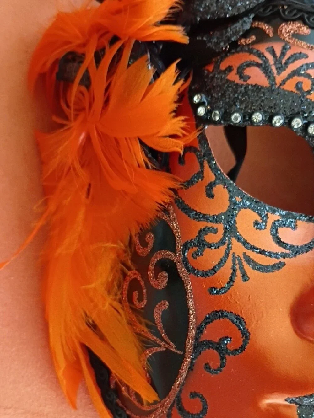Venetian Orange and Black Venetian Masquerade Mask with Feather Made In Italy